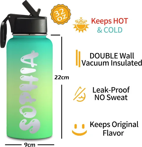 Vista 4 de Botellas de agua personalizadas para niños para la escuela, botella de agua deportiva aislada con nombre personalizado con pajilla, botella de agua
