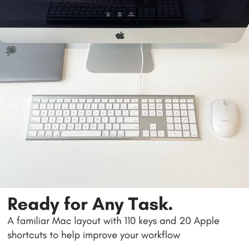 Vista 4 de Macally Teclado de computadora con cable USB ultra delgado, compatible con teclado Apple o Windows, tamaño completo con 20 teclas de teclado Mac