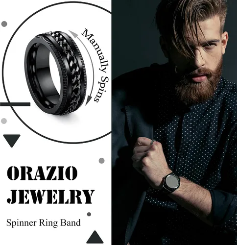 Vista 2 de ORAZIO Stainless Steel Fidget Ring Black Spinner Ring For Men Women Anxiety Stress Relieving Spinning Ring Cool Male Spin Ring Men Wedding