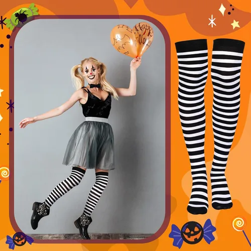Vista 4 de SATINIOR Calcetines altos hasta el muslo para mujer, calcetines largos de Navidad a rayas, calcetines altos por encima de la rodilla, regalos