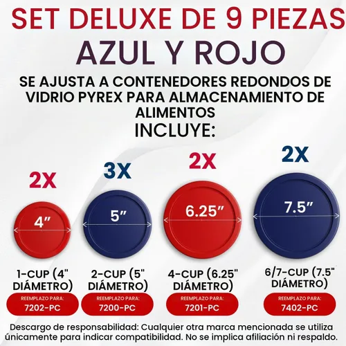 Vista 2 de Tapas de repuesto para recipientes de almacenamiento de alimentos de vidrio Pyrex, redondas (2) 7202-PC 1 taza (3) 7200-PC 2 tazas (2) 7201-PC 4
