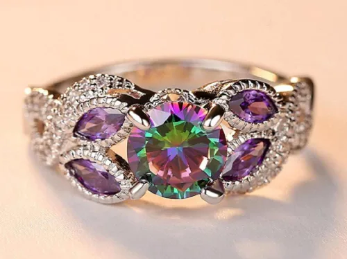 Vista 2 de Awmnjtmgpw - Anillo de compromiso de plata de ley 925 con topacio arcoíris para mujer, anillo de diamantes de corte princesa, anillo de diamantes