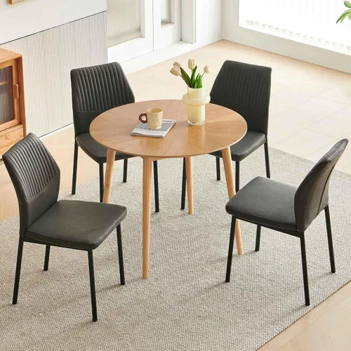 Vista 36 de Juego de mesa de comedor para 4, mesa de comedor rectangular irregular de madera moderna, sillas de comedor de cuero, 4 mesas y sillas, juego de 4