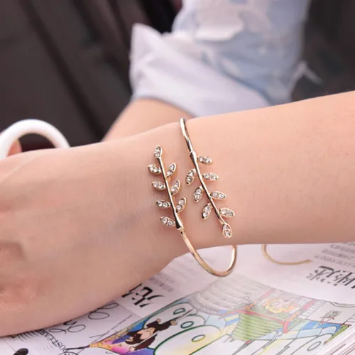Vista 8 de Pulseras de pulsera para mujer diseño de hoja con incrustaciones de diamantes de imitación de moda