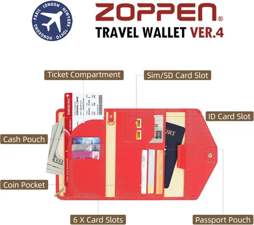 Vista 119 de Zoppen - Billetera de viaje con bloqueo RFID multiusos (Ver.4) Portatarjetas de pasaporte y vacunas, organizador de documentos de tres pliegues