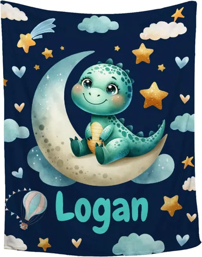Vista 50 de Manta de regalo personalizada de dinosaurio con nombre para niñas, niños, recién nacidos, dinosaurio, manta personalizada para envolver al bebé