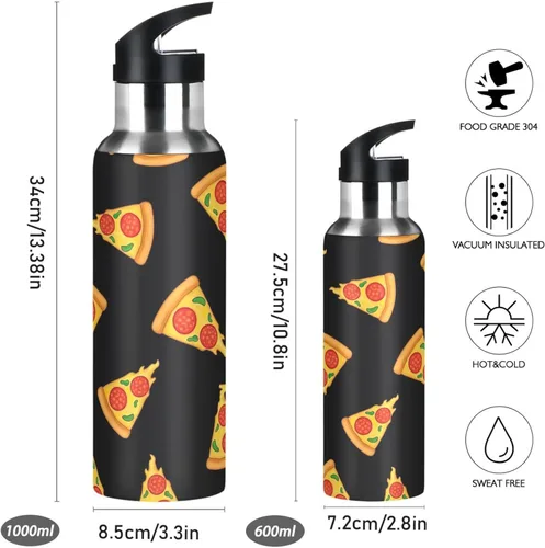 Vista 2 de Stainless Steel Vacuum Insulated Water Bottle 32 Oz, Leakproof Water Bottles for Gym Outdoor Travel School, Cartoon Slices Pizza Black