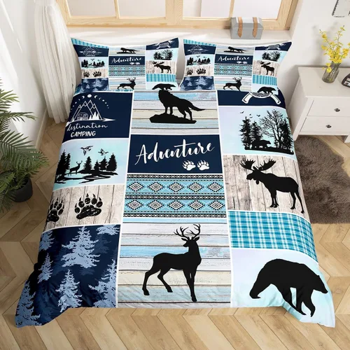 Vista 20 de Juego de funda de edredón para niños de ciervo, oso, lobo, tamaño individual, juego de ropa de cama de cabaña de aventura para niños, niñas