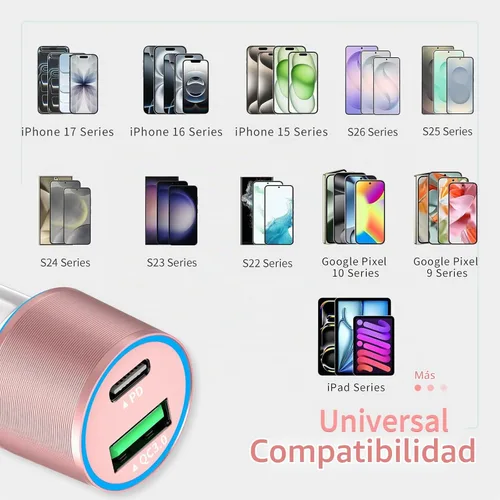 Vista 4 de Cargador de Coche Rosa de 67.5W USB C Super Carga Rápida, Bloque de 45W USBC y Puerto QC3.0 para iPhone 17 Pro Max/Air/16/15/iPad, Teléfono Celular
