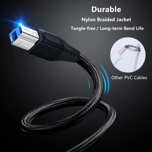 Vista 4 de OKRAY Cable USB 3.0 A a B, paquete de 2 cables de nailon trenzado tipo A macho a B macho de 6 pies para concentrador USB/controladores duros