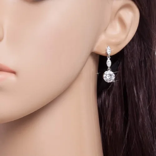 Vista 5 de Collar de moda para mujer, pendientes de circonio cúbico de corte redondo, collar colgante y pendientes (blanco)