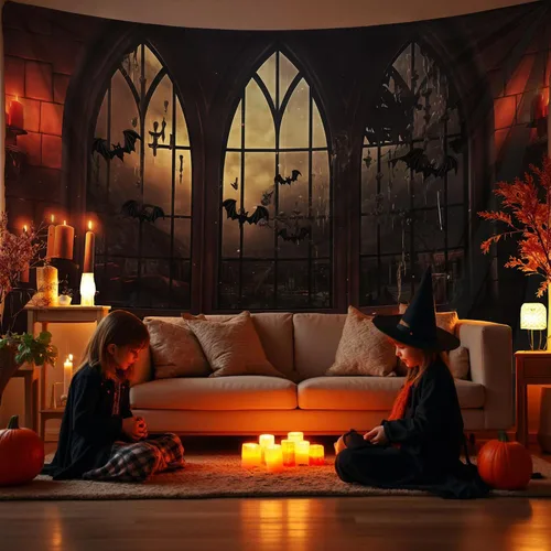 Vista 17 de QGHOT Tapiz de Halloween para colgar en la pared, tapiz de castillo de terror con ventana gótica, fondo espeluznante medieval, tapices