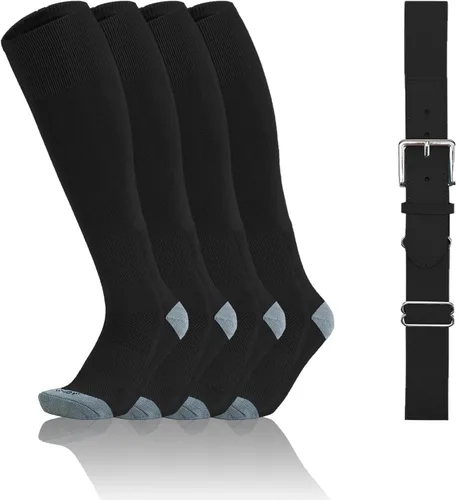 Vista 12 de QBK Conjunto combinado de calcetines y cinturón de béisbol para niños pequeños de 2 a 16 años (2 pares de calcetines y 1 cinturón)