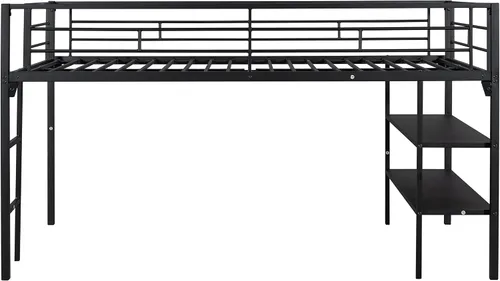 Vista 7 de Cama baja de metal individual con estantes de almacenamiento y escalera, litera flotante para niños, ahorro de espacio, no necesita somier, fácil