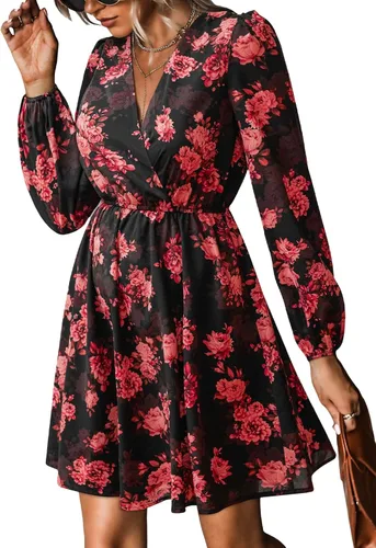 Vista 22 de CUPSHE Vestido floral de otoño para mujer, estilo bohemio, para vacaciones Borgoña Ditsy