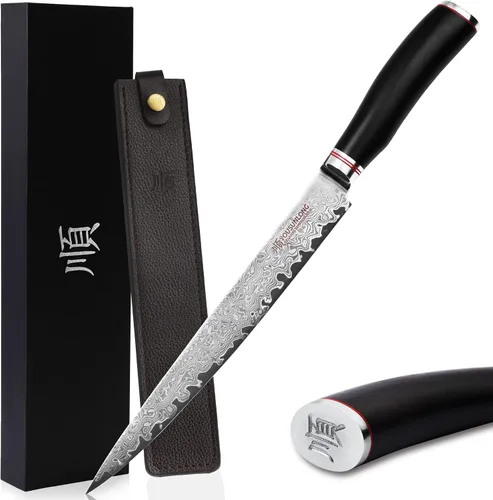 Vista 8 de YOUSUNLONG Cuchillo de filete de 10 pulgadas, cuchillo para tallar carne, cuchillo sashimi, 9.6 in, mano izquierda, acero de damasco martillado
