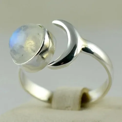 Vista 2 de Navya Craft Anillo de plata de ley 925 con piedra lunar y luna creciente, ajustable, para mujer, piedra lunar arcoíris natural, joyería hecha a