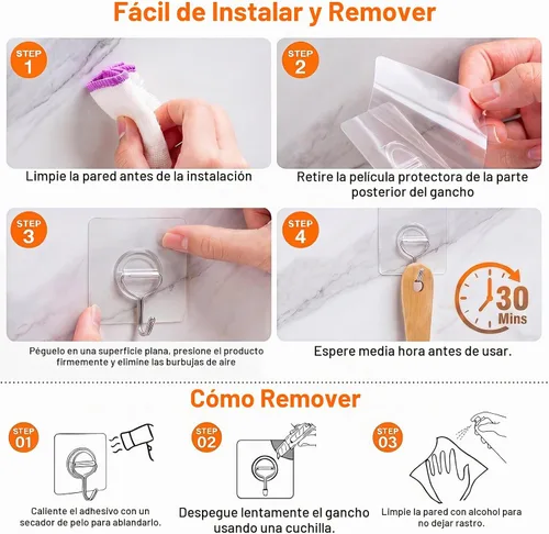 Vista 6 de Ganchos de Pared Adhesivos para Colgar de Servicio Pesado 33lb(Máx), Impermeables y Resistentes al Óxido Ganchos Autoadhesivos Transparentes