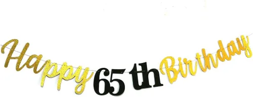 Vista 3 de Cartel de feliz cumpleaños 65 con letras negras con purpurina para colgar banderines para mujer o hombre de 65 años, suministros de decoración