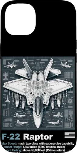 Vista 15 de F22 Raptor Fighter Jet Blueprint - Funda para iPhone 16, diseño técnico y especificaciones
