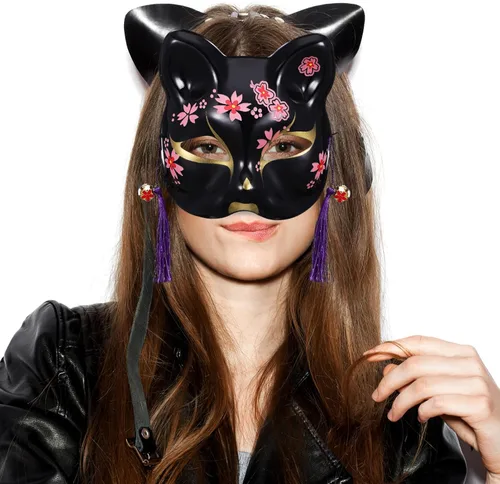 Vista 2 de Toyvian 2 máscaras de gato para cosplay, máscara de animal, media cara, fiesta de máscaras, accesorios de disfraces, disfraz de Halloween, mujeres