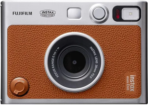 Vista 3 de FUJIFILM INSTAX MINI EVO Cámara instantánea híbrida Paquete marrón con película Instax Mini 20 exposiciones + tarjeta micro SD de 64 GB + mini
