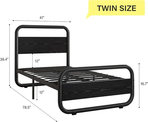 Vista 2 de Catrimown - Marco para cama individual con luces LED, marco de cama plataforma individual resistente de metal rústico con cabecera de madera