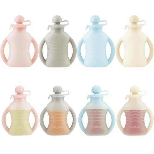 Vista 3 de PandaEar - Paquete de 4 bolsas reutilizables de comida para bebés con asas dobles, bolsas portátiles de silicona para niños pequeños, bolsas