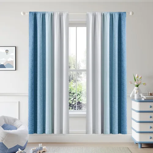 Vista 19 de Cortinas Ombre 100% Opacas de 63 Pulgadas de Largo 2 Paneles para Dormitorio Azul Blanco Patrón Degradado Oscurecimiento de Habitación Aislamiento
