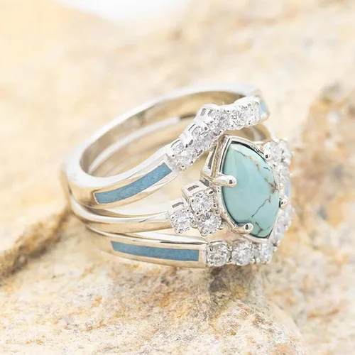 Vista 3 de Anillos de diamantes turquesa de 3 piezas para mujer de plata de ley natural anillos de joyería simples de moda