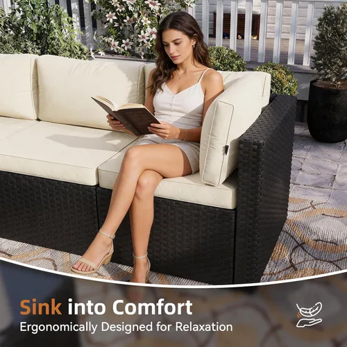 Vista 6 de Aoxun Juego de muebles de patio de 5 piezas, sofás seccionales para exteriores con cojín lavable, juegos de conversación de mimbre para patio Beige