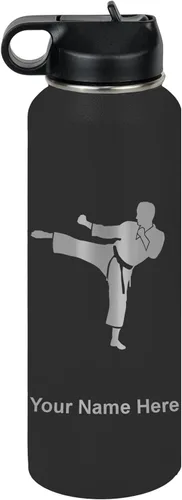 Vista 30 de Botella de agua personalizada LaserGram, Karate Man, de acero inoxidable con aislamiento al vacío de doble pared con tapa abatible, regalo grabado