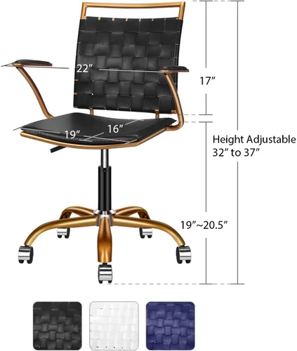 Vista 2 de Silla de escritorio negra y dorada, silla giratoria ergonómica de escritorio para computadora con brazos, silla ergonómica de cuero negro