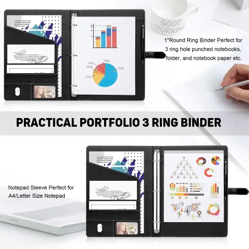 Vista 6 de Toplive Padfolio - Carpeta organizadora de 3 anillas, carpeta de negocios para mujer, tamaño A4/carta, piel sintética, profesional, para Negro