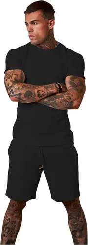 Vista 4 de Redqenting Conjunto de pantalones cortos casuales para hombre, 2 piezas, conjuntos de pantalones deportivos de verano a juego de camisa y pantalones