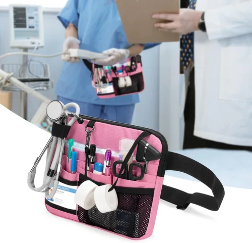 Vista 6 de Damero - Cangurera para enfermera con bolsillos para equipos médicos y soporte para cinta, color rosa