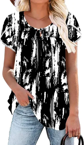 Vista 18 de BETTE BOUTIK Blusas de verano para mujer, plisadas, de manga corta, con cordón, cuello redondo, tallas S-3XL