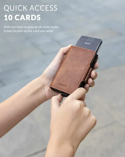 Vista 2 de VULKIT Tarjetero de cuero con bloqueo RFID, billetera desplegable automática con bloqueo RFID, cartera magnética para tarjetas doble para hombres