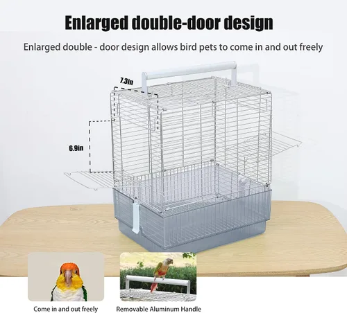 Vista 8 de Jaula para pájaros de viaje de acero inoxidable, 304 portátil, plegable, para loros, conures, cacatúas, periquitos, jaula grande de 17 pulgadas