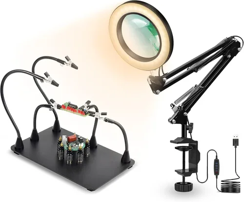 Vista 8 de Estación de soldadura con manos de ayuda magnéticas NOEVSBIG con base grande y resistente, 6 soportes para PCB, 5 brazos flexibles con clip