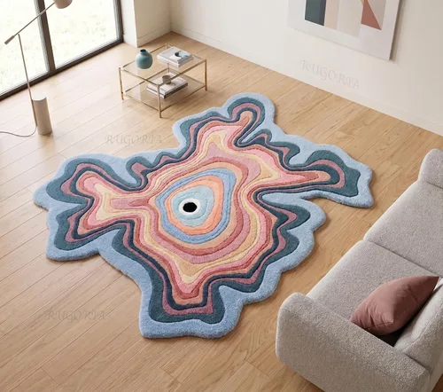 Vista 10 de Alfombra de lana hecha a mano con forma irregular de Restauración y Renovación Alfombra moderna de rayas coloridas de primera calidad perfecta