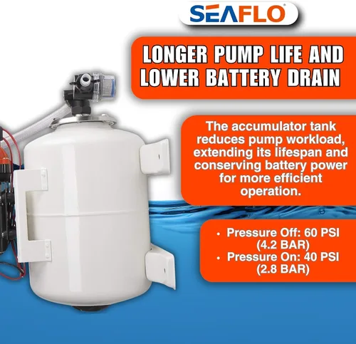 Vista 6 de SEAFLO Bomba de agua marina 12 V CC 60 PSI 5,5 GPM Sistema de tanque acumulador de 2 galones Sistema de aumento de presión del acumulador para un