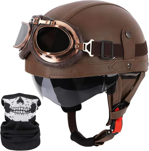 Vista 9 de Casco de motocicleta rosa, medio casco de cuero de estilo alemán, casco de motocicleta para mujer, aprobado por DOT, casco de media cara con gafas