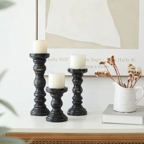 Vista 6 de SWALLOWLIVING Juego de 3 Portavelas de pilar de madera estilo rústico granjero para candelabro, Negro