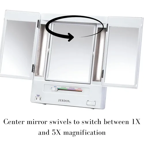 Vista 5 de JERDON Espejo de maquillaje de dos caras de tres pliegues con luces, espejo de tocador con aumento 5X-1X y múltiples ajustes de luz, color blanco
