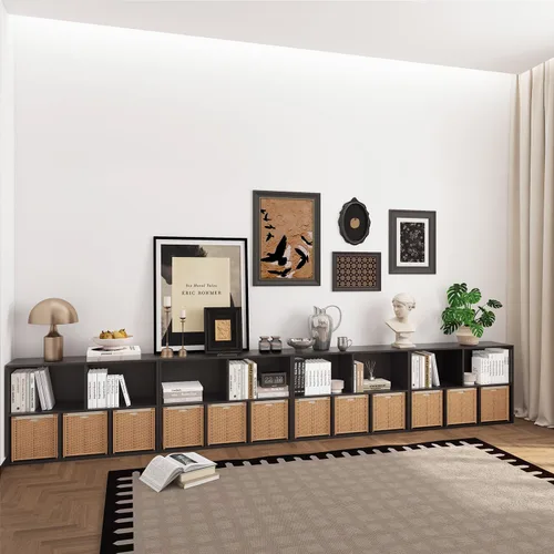 Vista 5 de Organizador de almacenamiento de 5 compartimentos de madera con panel trasero cerrado, estante de cubos negro resistente, organizador