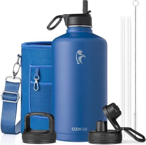 Vista 59 de Coolflask Botella de agua de 20 onzas aislada con pajilla, 3 tapas de metal de acero inoxidable, botella de agua de boca ancha para deportes u