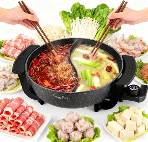 Vista 7 de Food Party Olla Caliente Eléctrica con Divisor Hotpot Olla Eléctrica Hopot Cocinador Shabu Shabu Olla 110V 1200W Antiadherente 6-Quart Libre de BPA