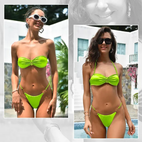 Vista 5 de Bikini sexy para mujer, 2 piezas, color sólido, traje de baño triangular