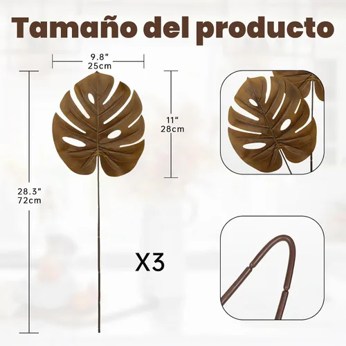Vista 2 de DILATATA Hojas Artificiales de Monstera con Tallos de 28", Hojas Tropicales de Imitación Otoñales Falsas de Seda Naranja Monstera, Ramas de Palma
